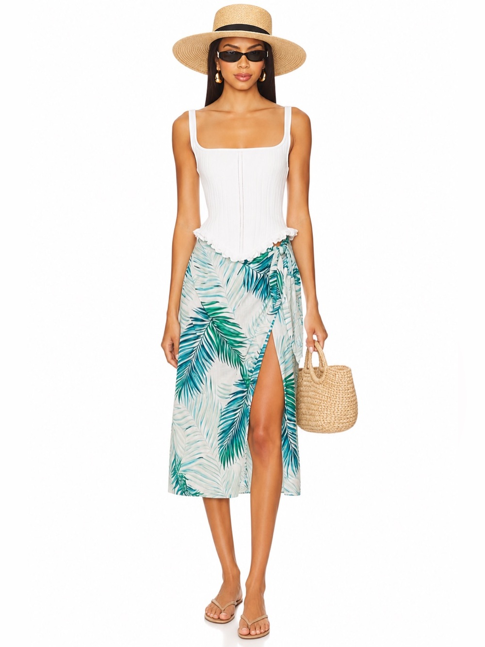 TAHARI 100% Linen Tropical Palm Leaf Wrap Midi Skirt Capsule Vacation 📐M